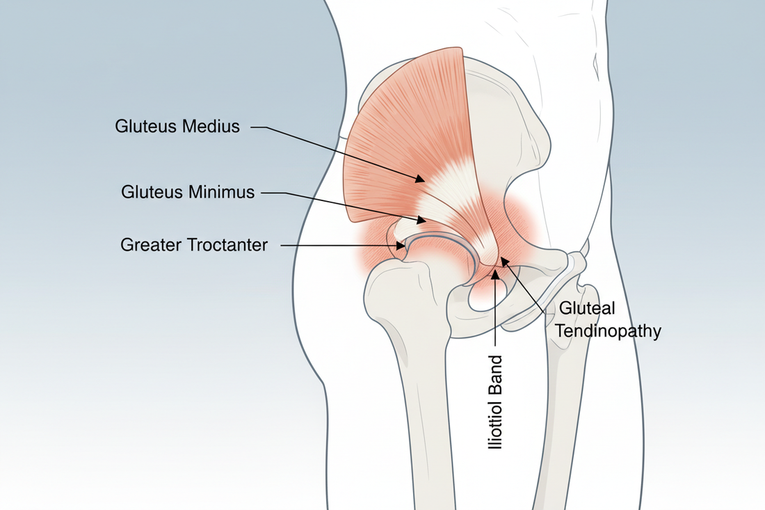 Anatomical illustration of the hip showing gluteal tendinopathy, with labeled structures including gluteus medius muscle, gluteus minimus muscle, greater trochanter bone, affected tendon area indicating gluteal tendinopathy, and iliotibial band