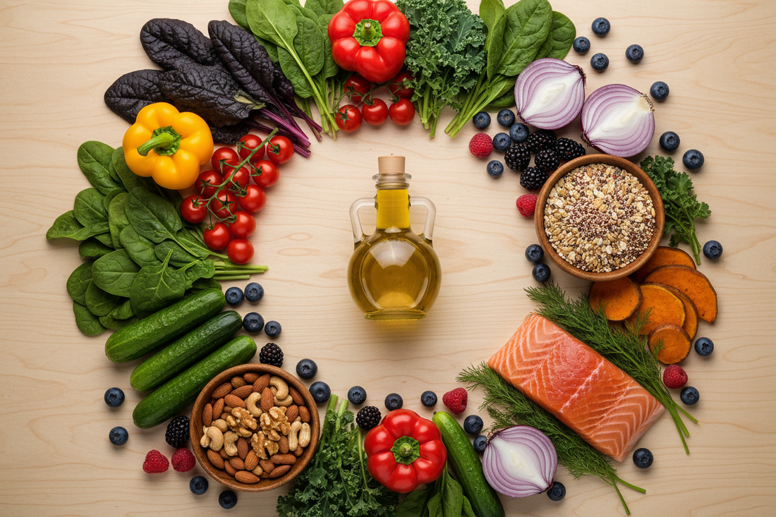 Colorful arrangement of healthy whole foods including fresh vegetables, lean proteins, whole grains, nuts, and fruits representing a balanced menopause nutrition plan for metabolism support