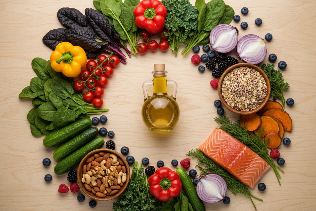 Colorful arrangement of healthy whole foods including fresh vegetables, lean proteins, whole grains, nuts, and fruits representing a balanced menopause nutrition plan for metabolism support